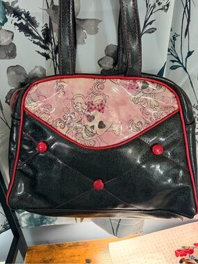 Custom made Black and Pink Skull Accent Shoulder Bag by wiked purses.